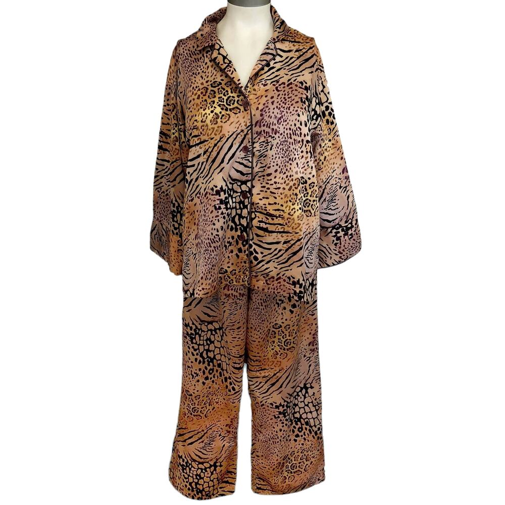 NATORI 2 pc leopard animal print silky lounge pajama pjs set crop pants top Sz S
